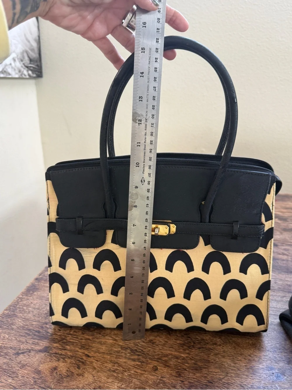 Isabella Fiore Black & Ivory Canvas Leather Satchel Handbag Geometric Print Gold